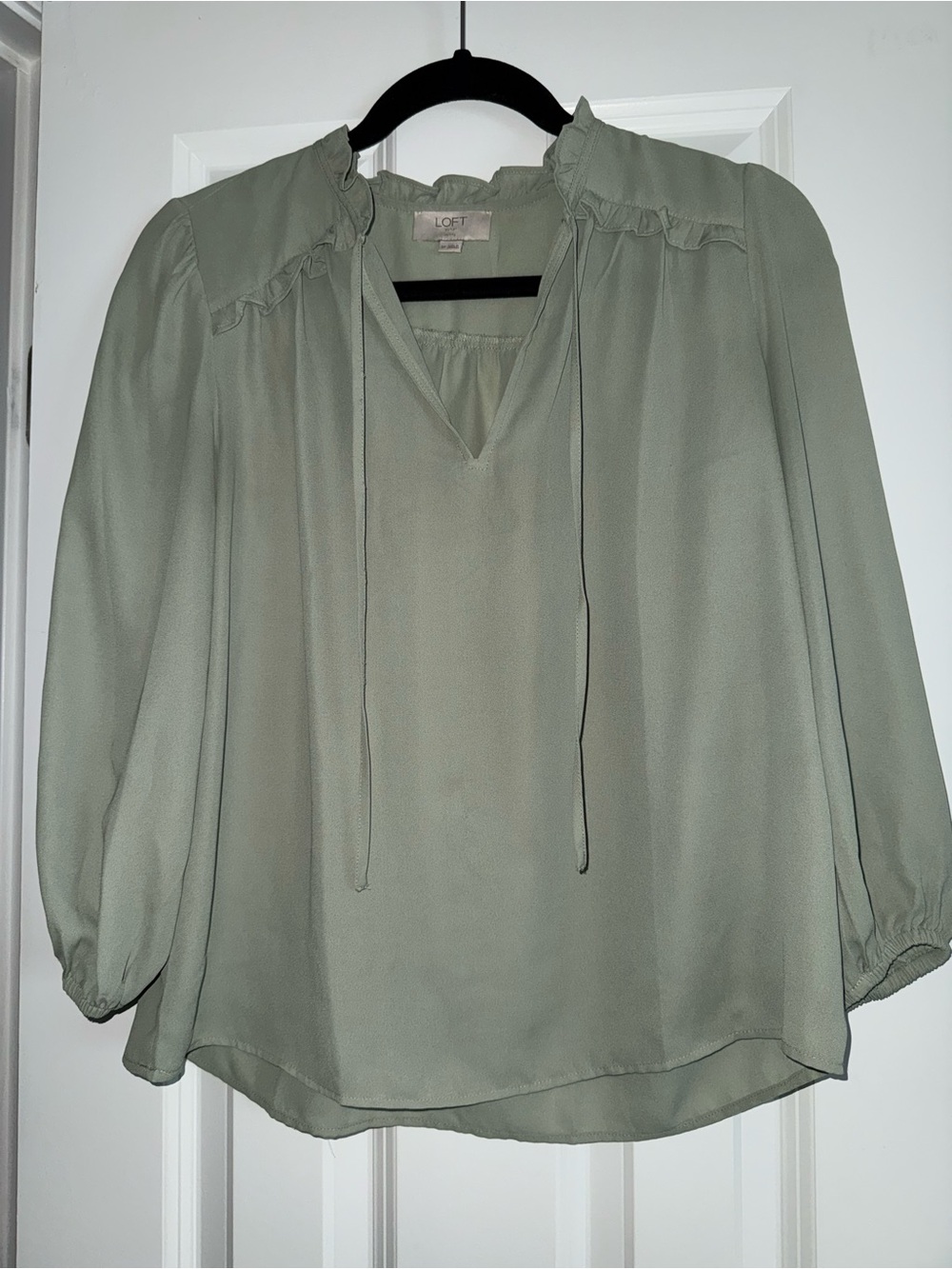 LOFT Sage Green Ruffle-Tie Peasant Blouse